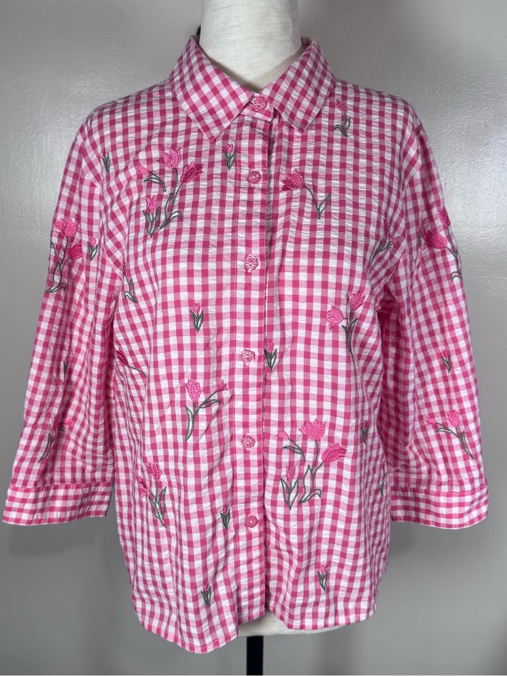 Teddi Pink Gingham Embroidered Tulip Floral VTG Country Cottagecore Blouse Sz PM - Picture 2 of 11